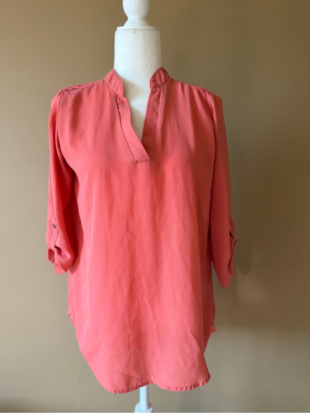 Rewind Coral Lace Back Split Neck Roll-Tab Sleeve Blouse